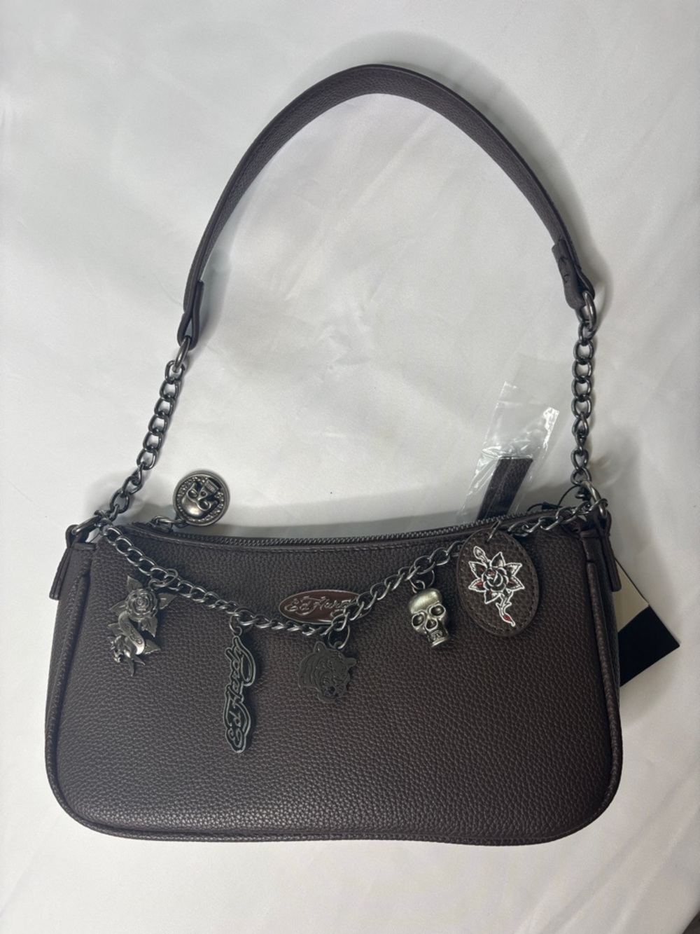 Ed Hardy Pebbled Brown Vegan Leather Charm Convertible Shoulder Bag | NWT